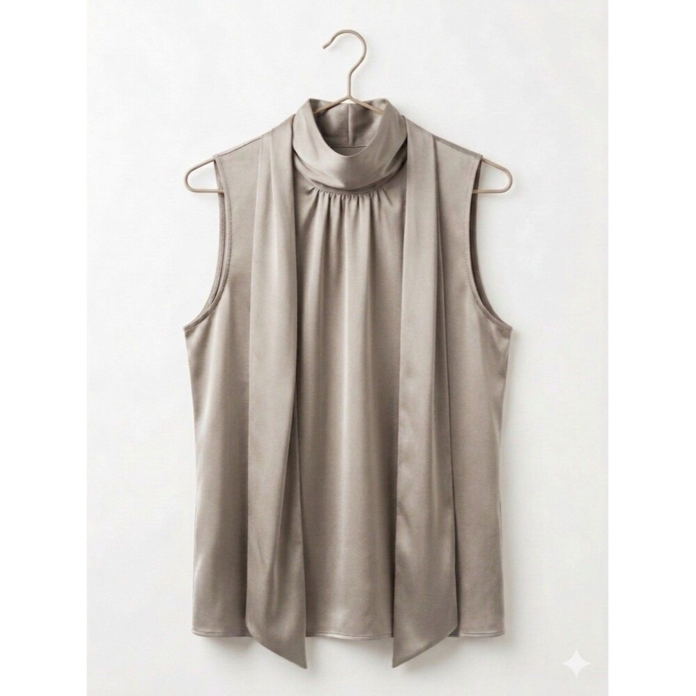 DKNY Size XL Ivory Taupe Mock Tie Neck Sleeveless Shell Blouse Business Casual